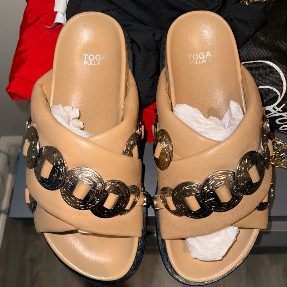 TOGA Pulla Tan and Gold Chain-Link Sandals